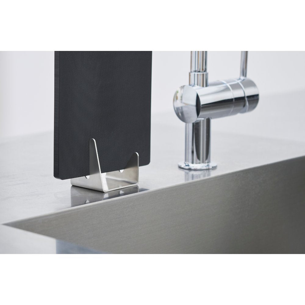 Modern kitchen sink with a faucet and bYOSHIKAWA Eatoco STA Stainless Steel Cutting Board Stand on a white background