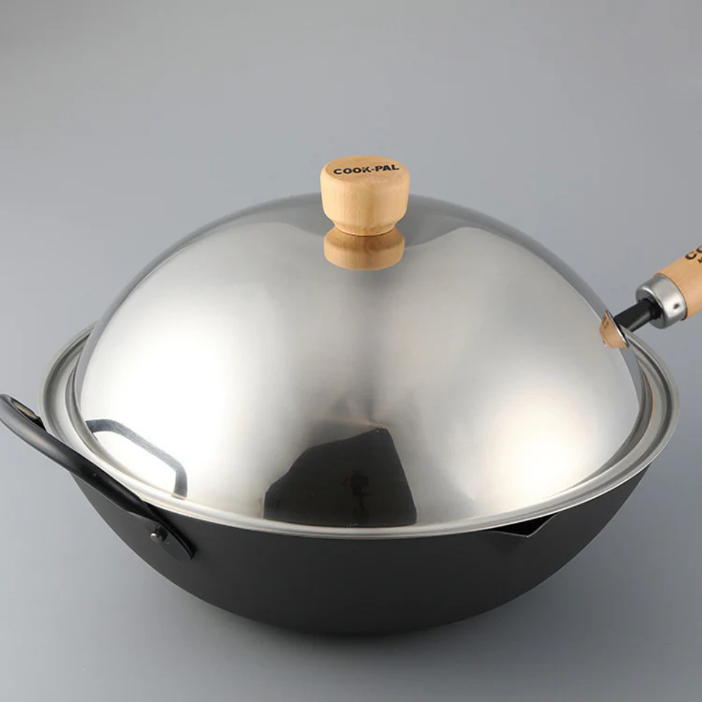 YOSHIKAWA COOK-PAL REN Stainless Steel Lid on top of wok