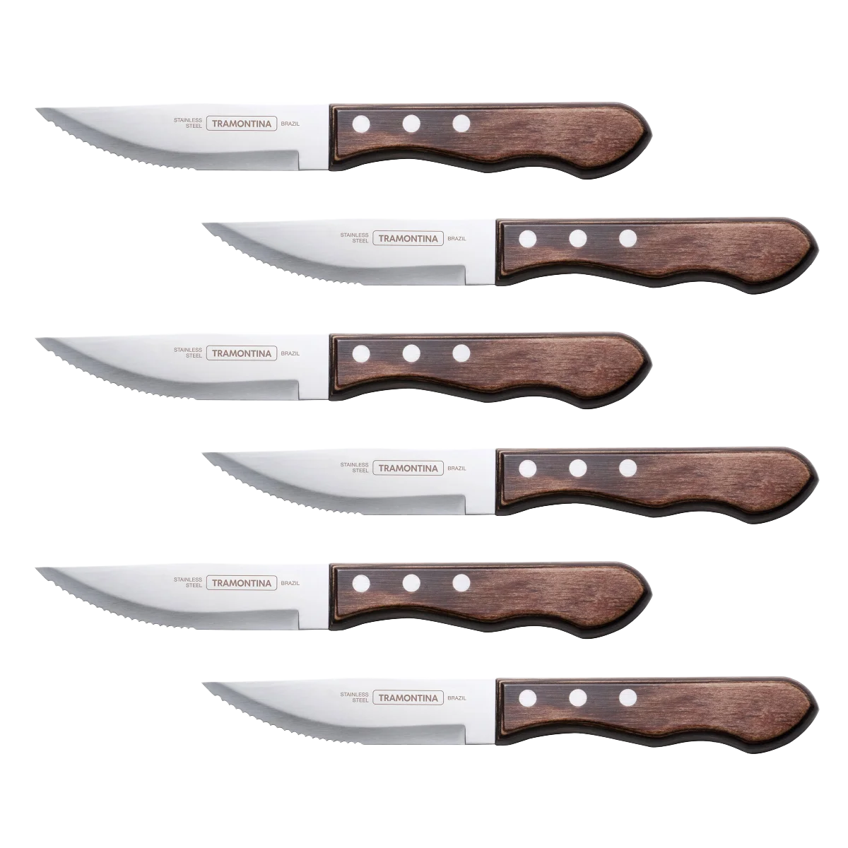 Stainless steel Serrated edges Polywood handles Dishwasher safe