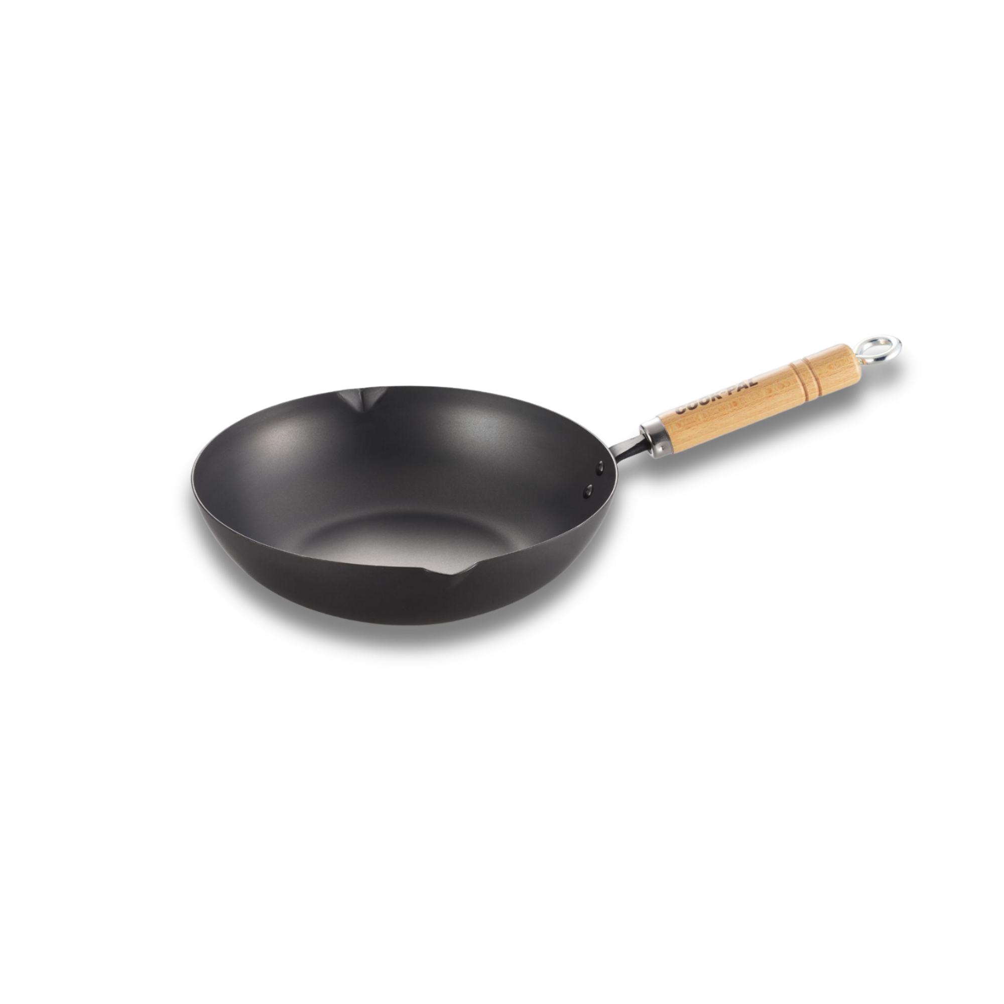 Black wok with a wooden handle on a white background