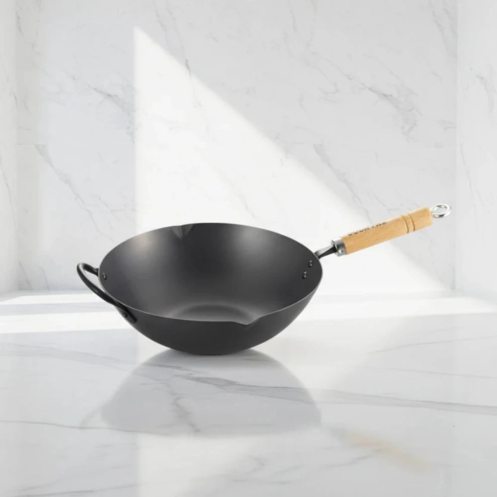 YOSHIKAWA Cook-Pal Ren Nitrided Carbon Steel Beijing Wok on marble slab