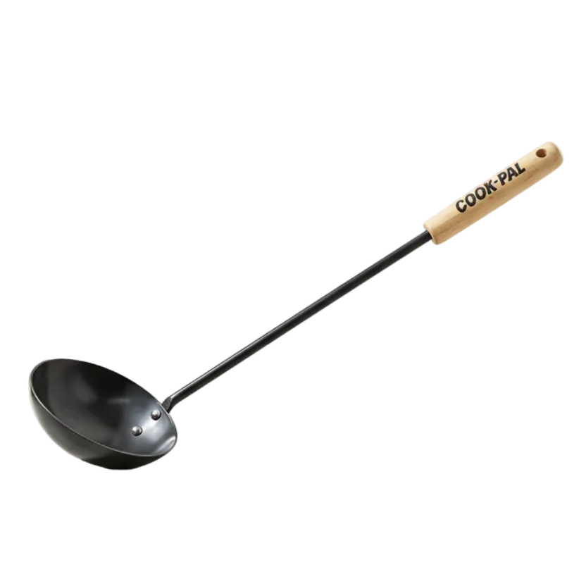 Yoshikawa Cook-Pal Chinese Ladle  with wooden handle labeled 'Cook-Pal' on a white background
