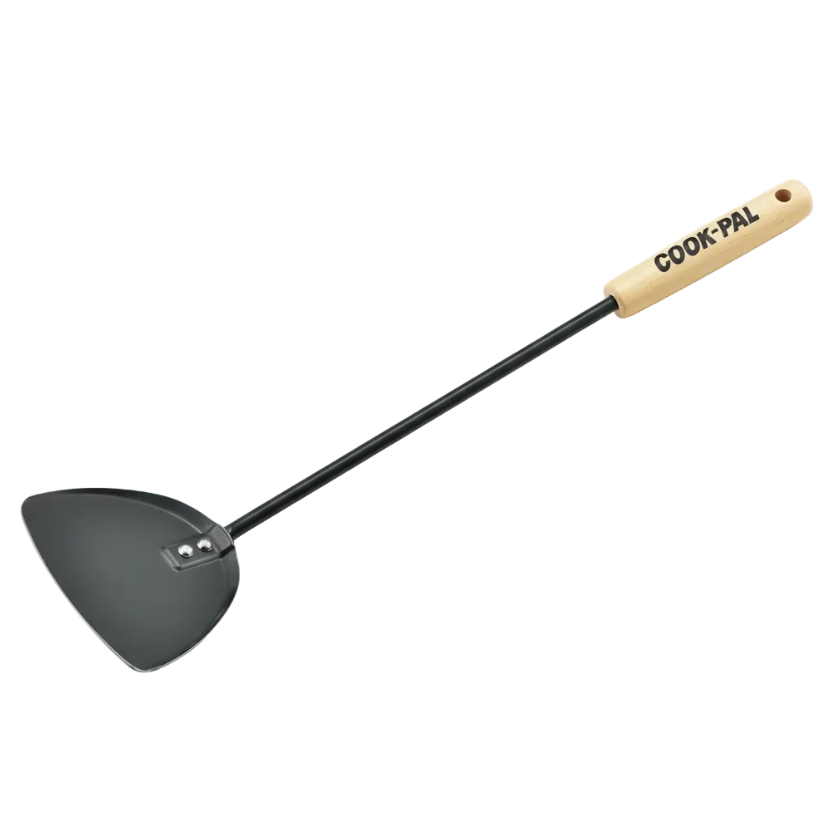 Yoshikawa Cook-Pal Chinese Metal Spatula with iron and wood handle, designed for precise Japanese cooking, perfect for high-heat stir-frying.
