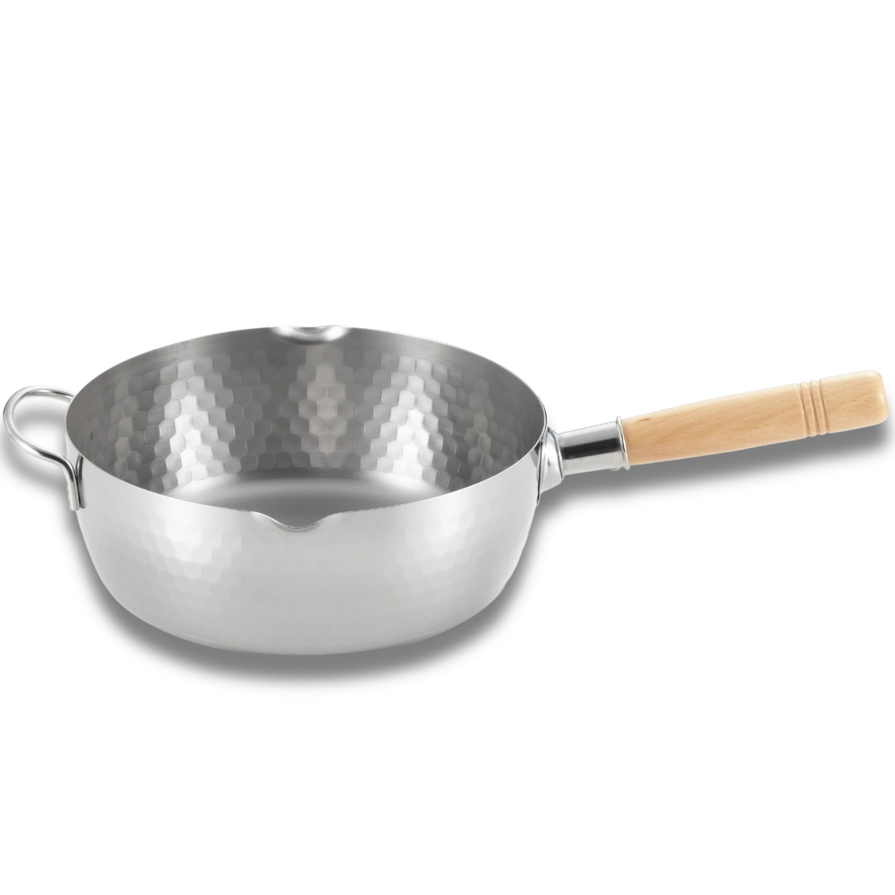 Stainless steel wok with a wooden handle on a white background