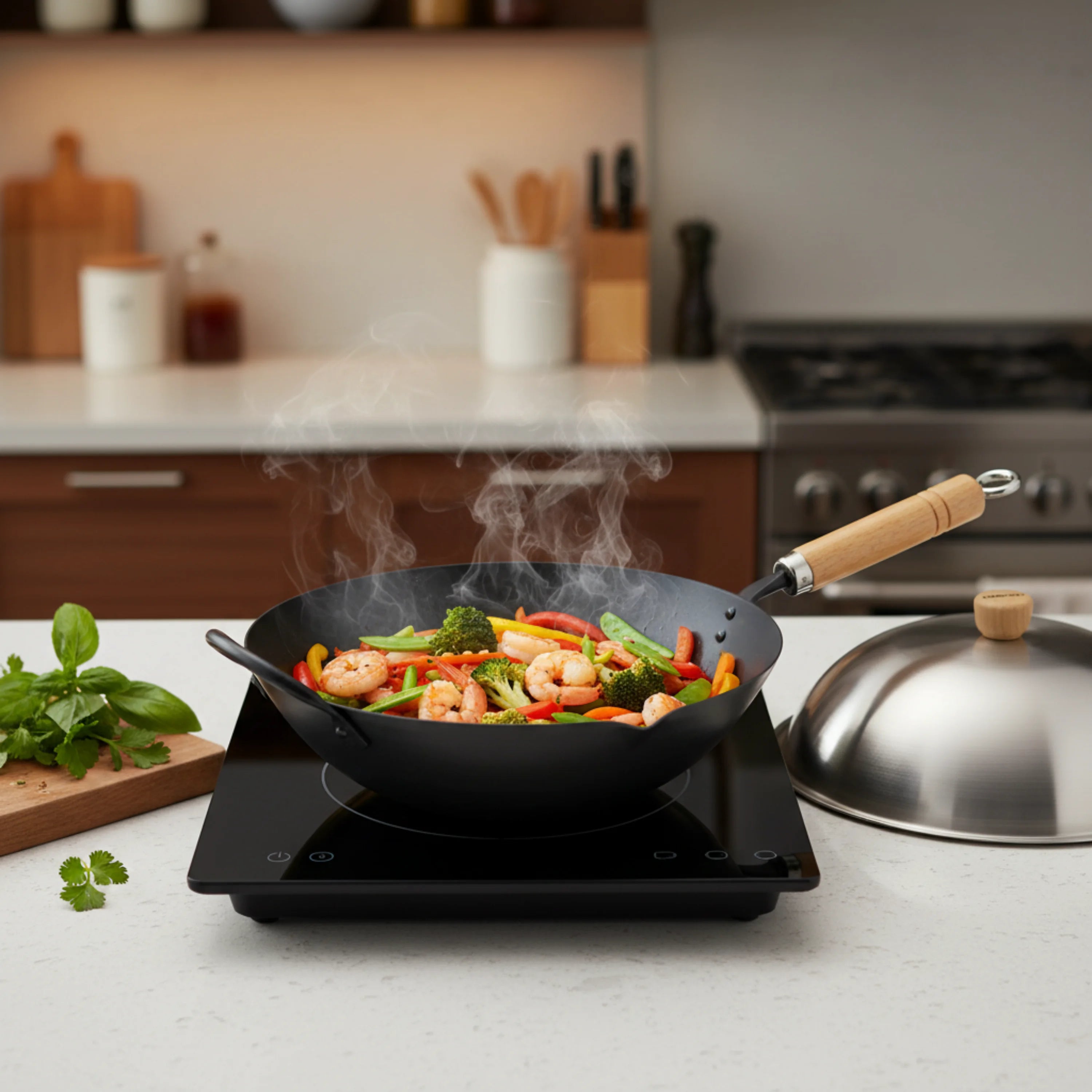 YOSHIKAWA Cook-Pal Ren 30cm Carbon Steel Wok with Stainless Steel Lid