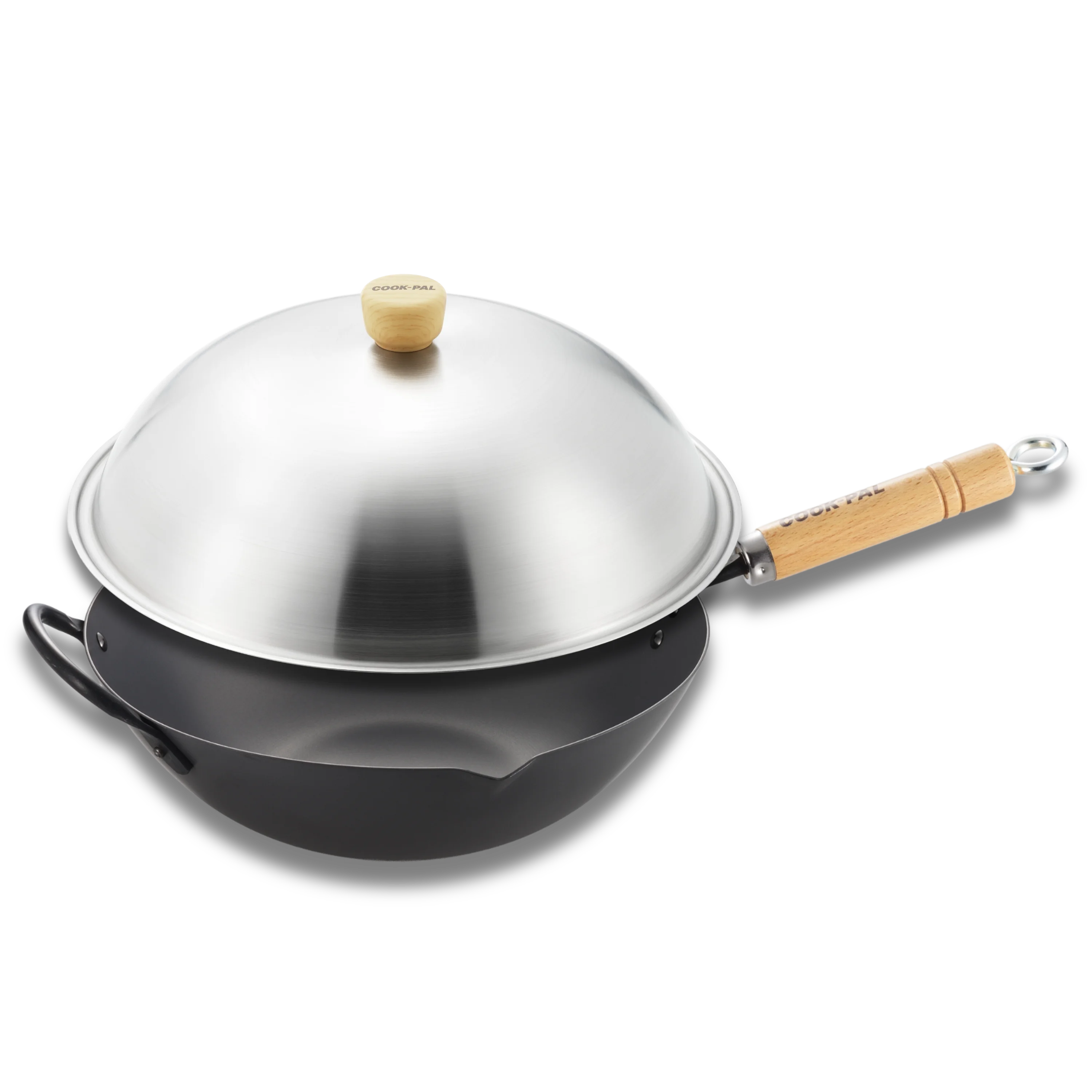 YOSHIKAWA Cook-Pal Ren 30cm Carbon Steel Wok with Stainless Steel Lid, professional-grade cookware set.