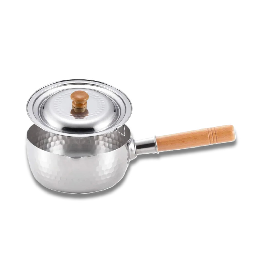 Yoshikawa Yukihira Saucepan with Lid 16cm Stainless steel | Japan featuring a wooden handle and hammered finish.