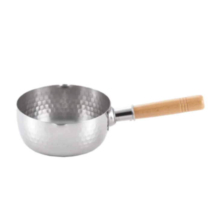 Yoshikawa Yukihira Saucepan with Lid 16cm Stainless steel | Japan featuring hammered finish and wooden handle.
