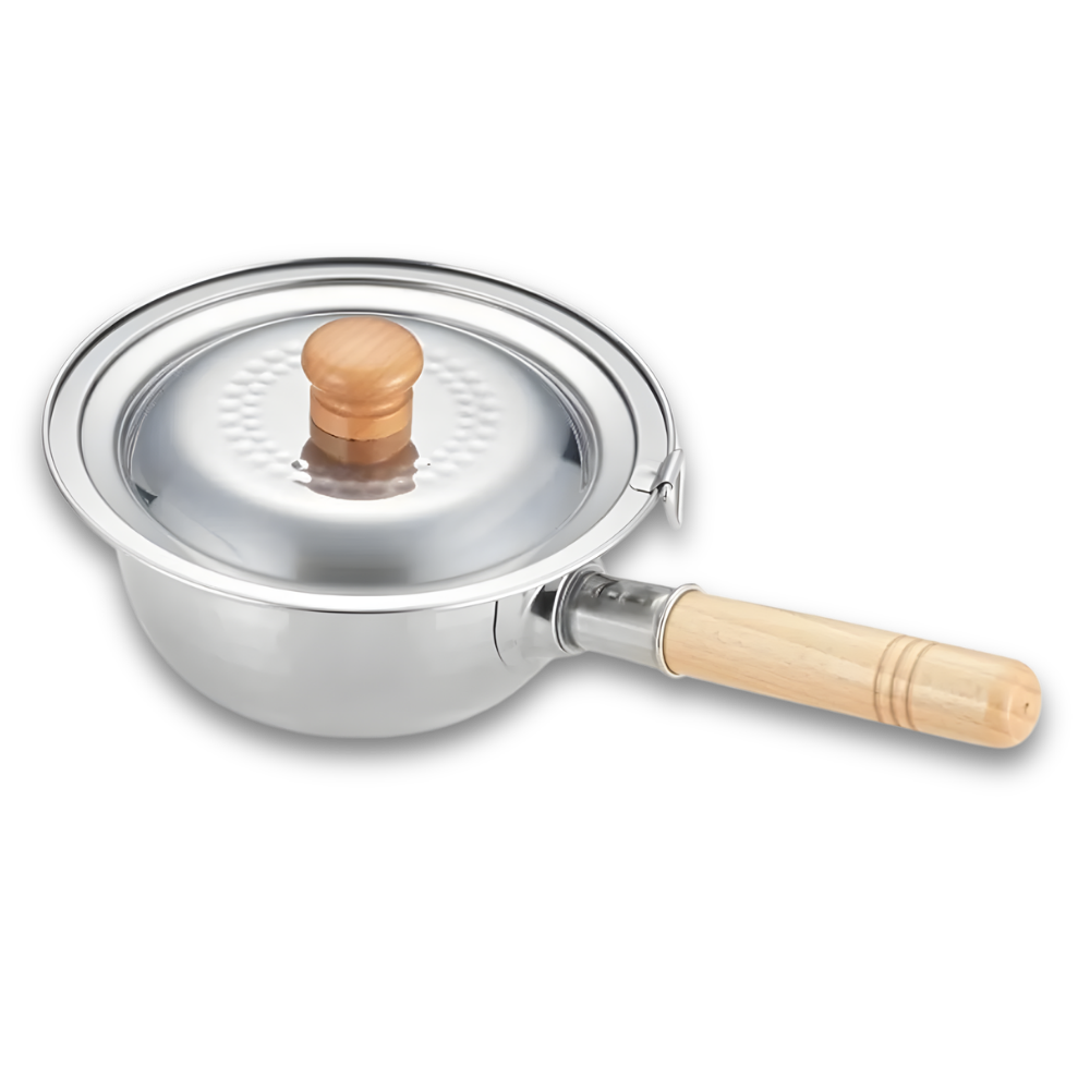 Small Yoshikawa Yukihira Saucepan with Lid with a wooden handle and lid knob on a white background