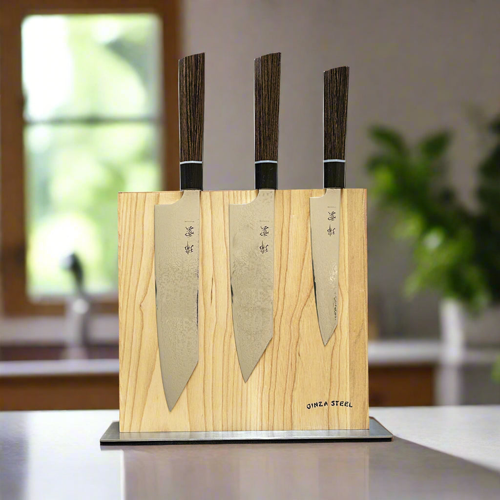 Seki Kanetsugu 4-Piece Knife Set with Magnetic Block – R2/SG2 Steel displayed in a wooden knife block.