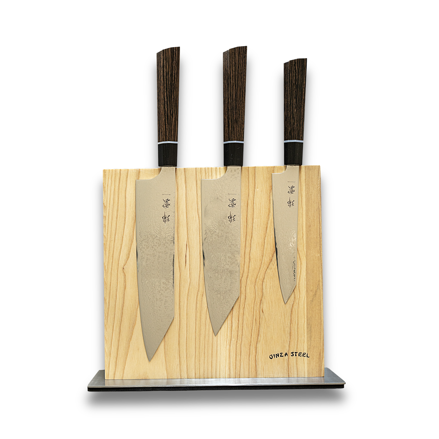 Seki Kanetsugu 4-Piece Knife Set with Magnetic Block – R2/SG2 Steel displayed in a wooden knife block.