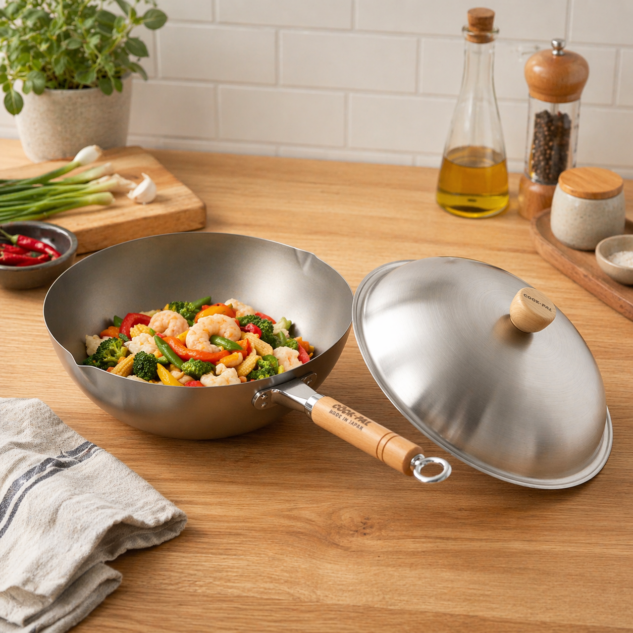 YOSHIKAWA COOK-PAL Titanium Wok with Stainless Steel Lid 30 cm filled with colorful vegetables and shrimp on a kitchen counter.