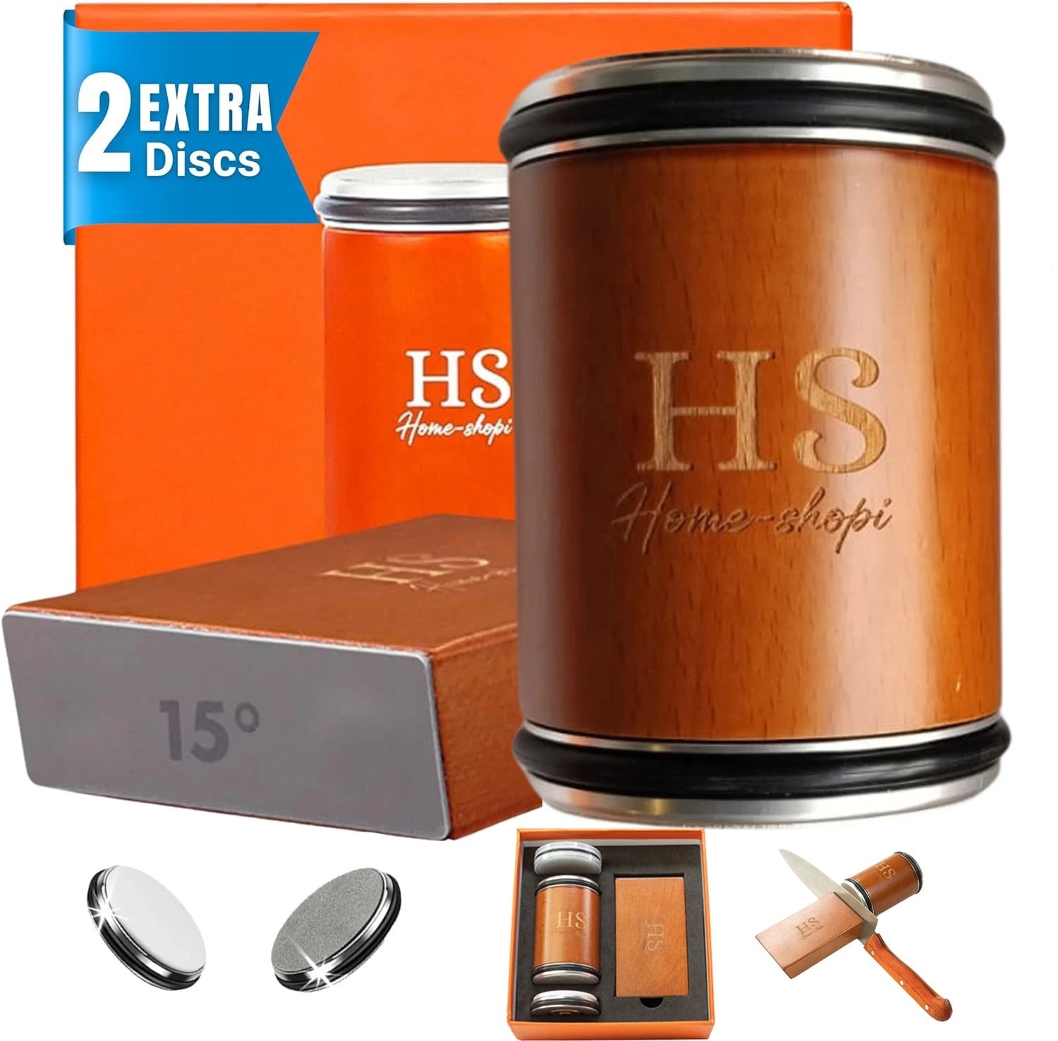 Brown candle with 'HS Home-shopi' branding, packaging, and accessories on a white background