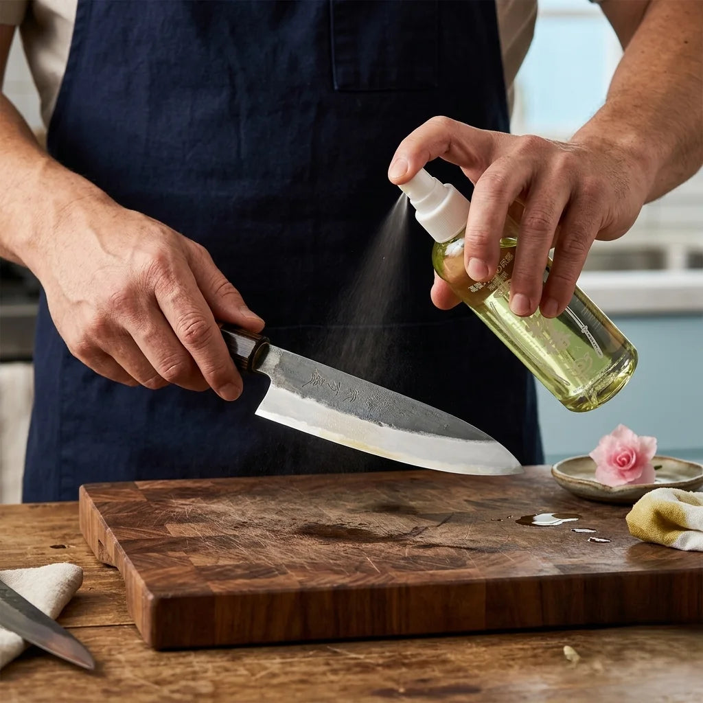 Applying camellia oil to a Japanese knife blade