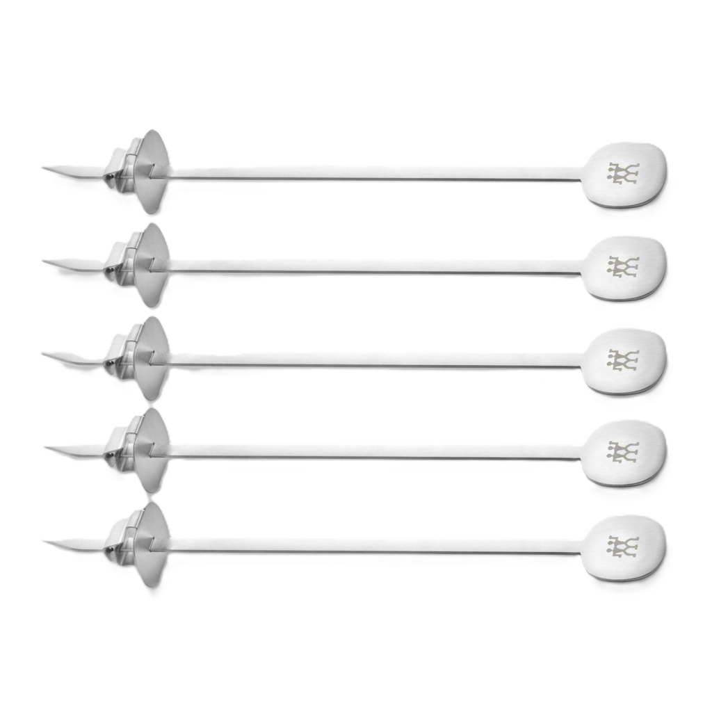 ZWILLING BBQ+ Grill Skewer Set 5 Piece Stainless Steel for grilling meat, vegetables, and seafood, featuring flat design for secure grip